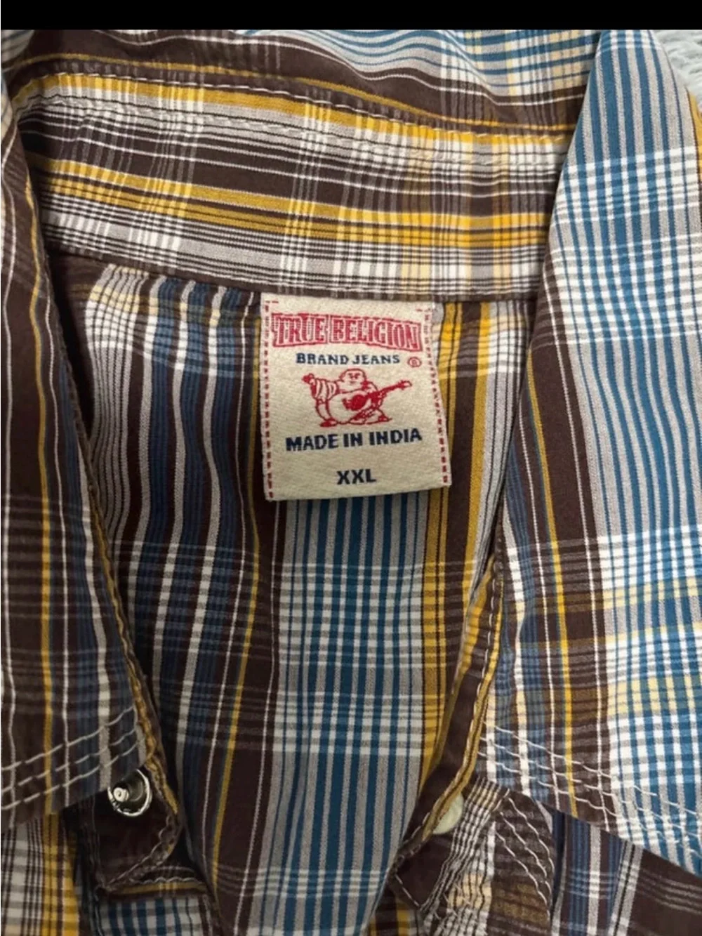 Original True Religion Men's Brown Plaid Button-Up Shirt with Yellow & Blue Stri